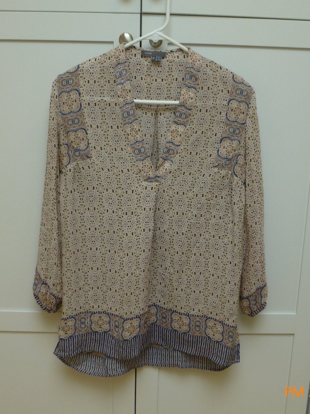Vince Blouse Women's 2 Multicolor Silk Long Sleeve Boho Pattern Tunic Top Shirt